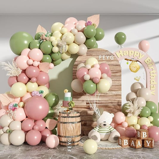 Sage Green Pink Yellow Balloon Garland, Pastel Yellow Dusty Pink Dusty Green Balloon Arch White Sand Balloons for Kids Theme Baby Shower Birthday Gender Reveal Bridal Wedding Party Decorations