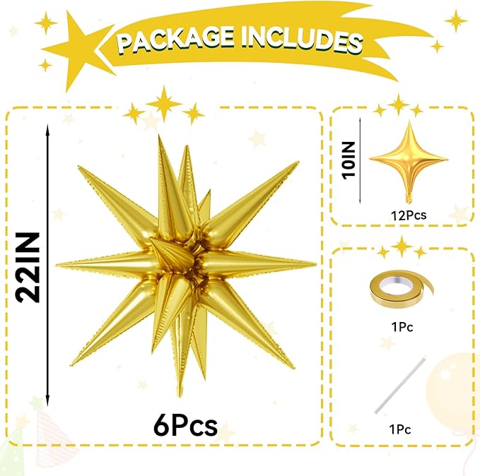18 Pcs Gold Star Balloons, Gold Balloon with 6 Pcs 22-Inch Explosion Star Balloons 12Pcs 10-Inch Four Pointed Stars Foil Balloon for Anniversary Disco Birthday Party Decorations