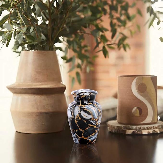 Small Keepsake Cremation Urns for Human Ashes - Marble Finish Metal Keepsake Urn - Mini Cremation Urn for Pet Ashes - Handcrafted Memorial Urn - Funeral Urns with Velvet Bag (Luxury Black)