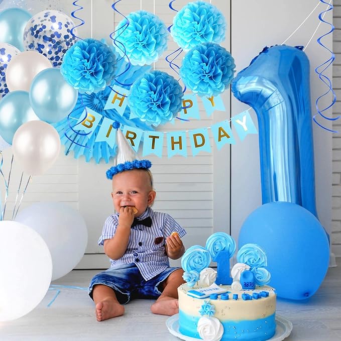 Blue White Birthday Party Decoration Kit - Happy Birthday Banner, Spiral Charm, Paper Flower Ball, Latex Balloons and Confetti for Boys' Party Supplies