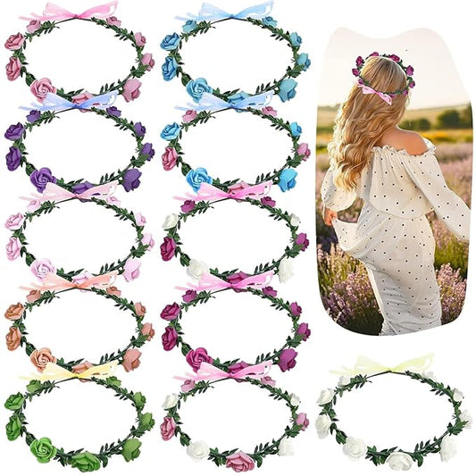AmFor 11 Pcs Multicolor Rose Flower Wreath Crown Headband Garland Headpiece for Music Festival Celebration Beach Wedding Party