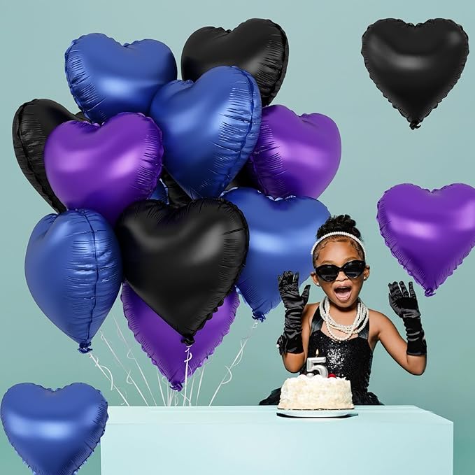 Blue Purple Heart Balloons, 12Pcs 18 Inch Metallic Blue Purple Black Heart Shape Foil Helium Large Balloons for Cartoon Kid Birthday Outer Space Astronaut Theme Baby Shower Video Game Party Decoration