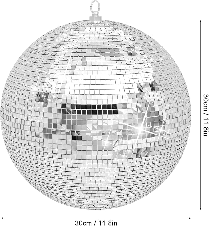 12 inch Silver Disco Ball, Hanging Mirror Disco Ball, Christmas Decoration Disco Light Ball, Stage Lighting Effect, 12/16/20 inch Home,Stage and Bar Glittering Party Decoration (12inch)