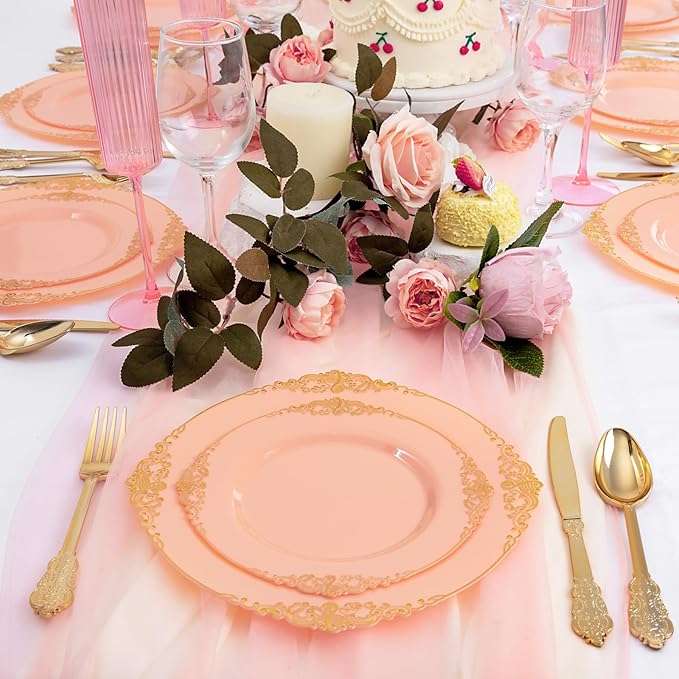 125PCS Peachy Pink Plastic Plates - Elegant Pink and Gold Dinnerware Set - Heavy Duty Disposable Plates with Gold Silverware Sets for 25 Guests for Wedding & Party & Bridal Shower