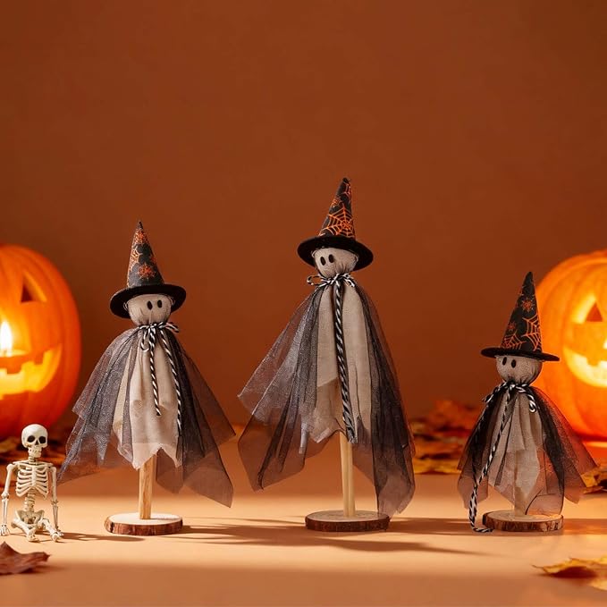 Halloween Decorations Indoor, Set of 3 Sizes Fabric Ghosts with Spiderweb Witch Hats, Primitive Wood Ghost Kit for Table Centerpiece Farmhouse Shelf Mantel Kitchen Home Decor (Black)