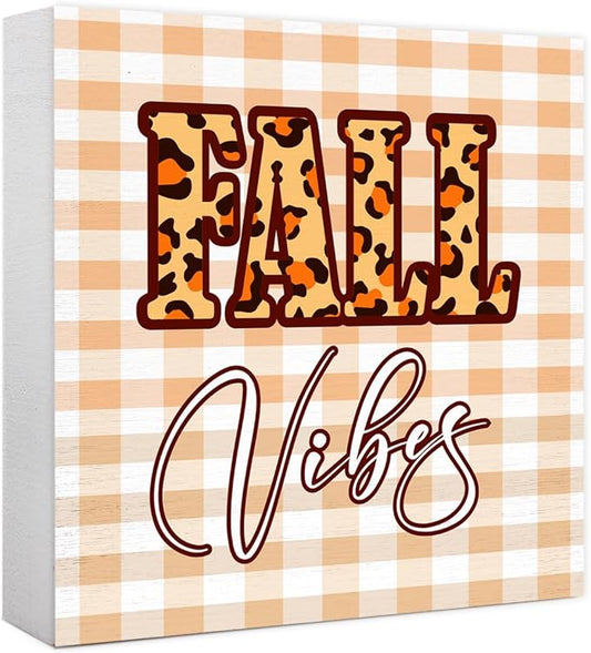 Funny Autumn Pumpkin Wood Box Sign Fall Vibes Wooden Block Desk Decor for Home Office Kitchen Cubicle Table Shelf Tabletop,Farmhouse Fall Sign Decor