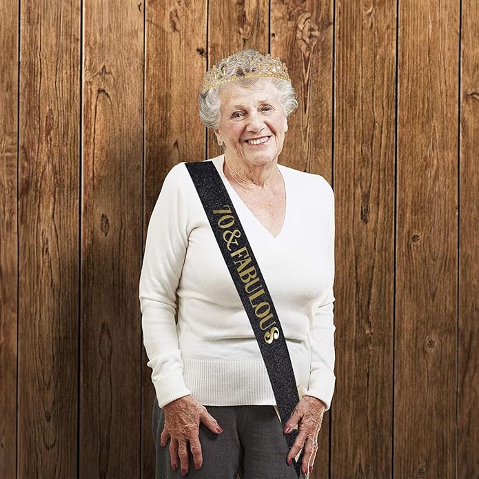 "70 & Fabulous"Sash & Rhinestone Tiara Set, Black Gold 70th Birthday Gifts for Women, Birthday Sash/Tiara for Women's 70th Birthday Party Decoration (Black 70th)