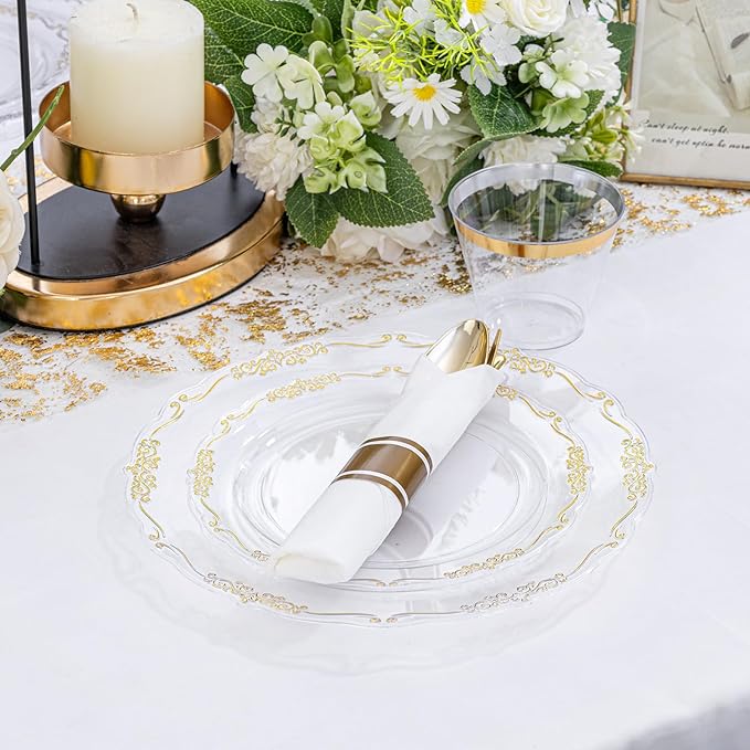 U-QE 350PCS Gold Plastic Plates - Disposable Dinnerware Set for 50 Guests - Clear and Gold Plates and Napkins Party Supplies include 100 Plate, 150 Silverware, 50 Cups, 50 Napkins for Weddings&Party