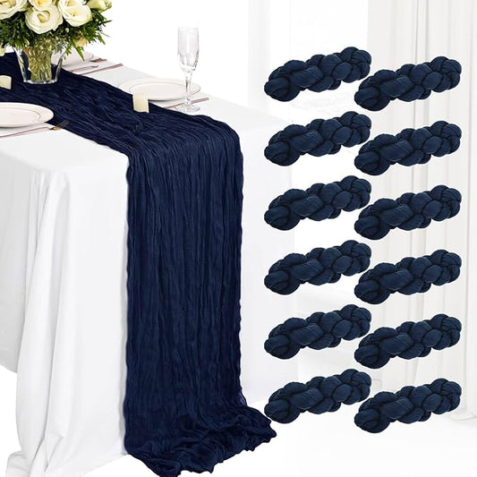 12 Pack Boho Gauze Cheesecloth Long Rustic Sheer Table Runner for Wedding Bridal Baby Shower Birthday Party Cake Table Arbor Decorations (Navy Blue)