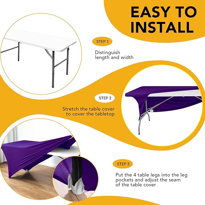 8-Pack Premium Purple Spandex Tablecloths for 6ft Rectangle Tables, Stain & Wrinkle-Resistant, Washable Stretch Polyester Fitted Table Cover for Weddings, Banquets, Trade Shows Events