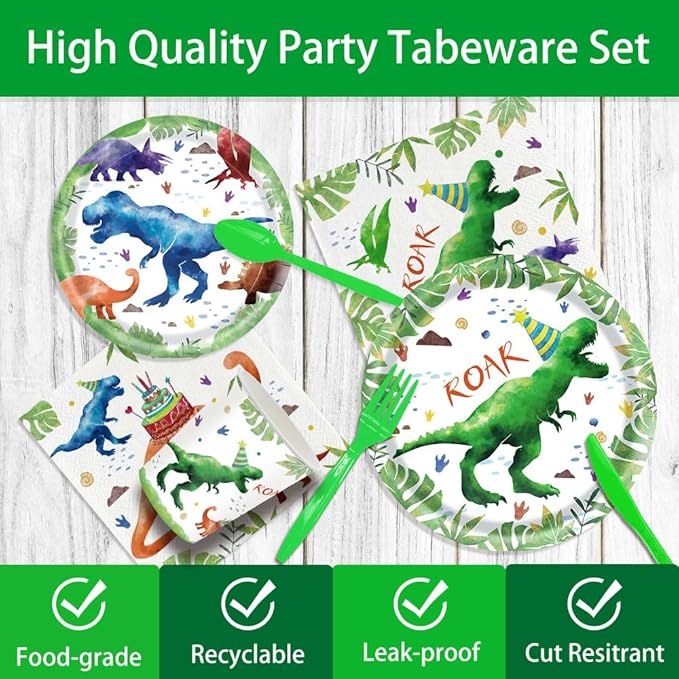 140 Pcs Watercolor Dinosaur Party Supplies Dinosaur Theme Birthday Party Decoration Includes Plates Cups Napkins Knives Forks Spoons Tableware for Boys Birthday,Serves 20 Guests