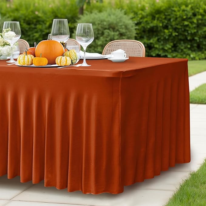 HolidayIdeas 2 Pack Spandex Table Skirts for 6 Foot Rectangle Table, Fitted Stretch 30x72 Inch Cover for Thanksgiving Decorations, Vendor Events, Rust