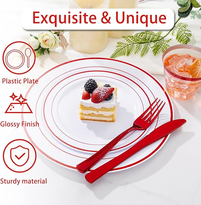 WELLIFE 700 Pieces Red Plastic Plates - Disposable Silverware and Cups, Include: 100 Dinner Plates 10.25”, 100 Dessert Plates 7.5”, 100 Red Cups 9 OZ, 100 Plastic Cutlery