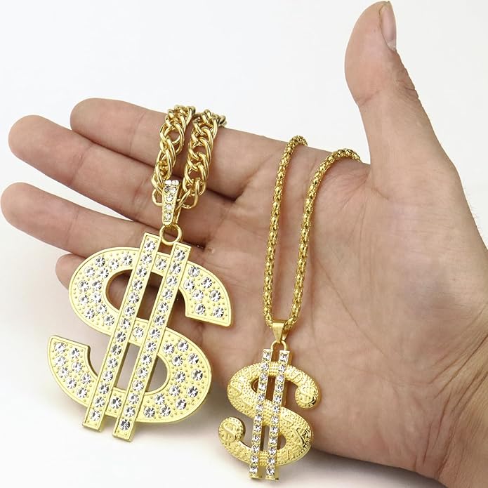 6 Pack Fake Gold-Colored Dollar Sign Chain Necklace Ring for 80s 90s Hip Hop Costumes Outfit, Rapper Jewelry for Men Women