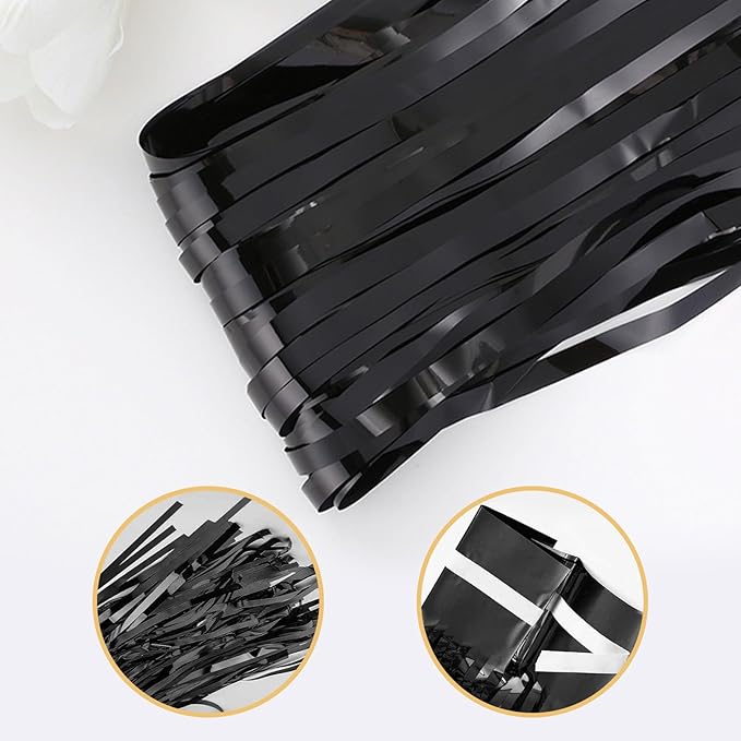 10 Pack Black Foil Curtain Backdrop 3.2ft x 9.8ft Metallic Tinsel Foil Fringe Curtains Streamer Photo Booth Backdrop for Birthday Party Engagement Bachelorette Party Decorations (Black)