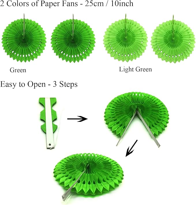 ZERODECO Party Hanging Paper Fans Set, Green Confetti Balloons Decorative Folding Fans Paper Pompoms Triangle Bunting Flags Garlands for Birthday Baby Shower Golf Dinosaur Party Decorations
