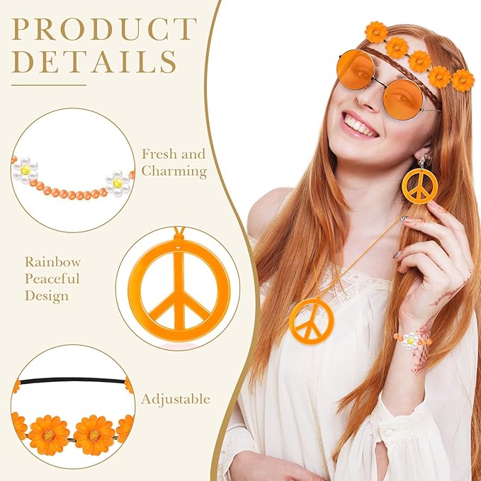 Batiyeer 6 Pcs Hippie Costume Accessories Set, Boho Peace Sign Daisy Flower 60s 70s Party Favors Decor for Groovy Party Women(Orange)