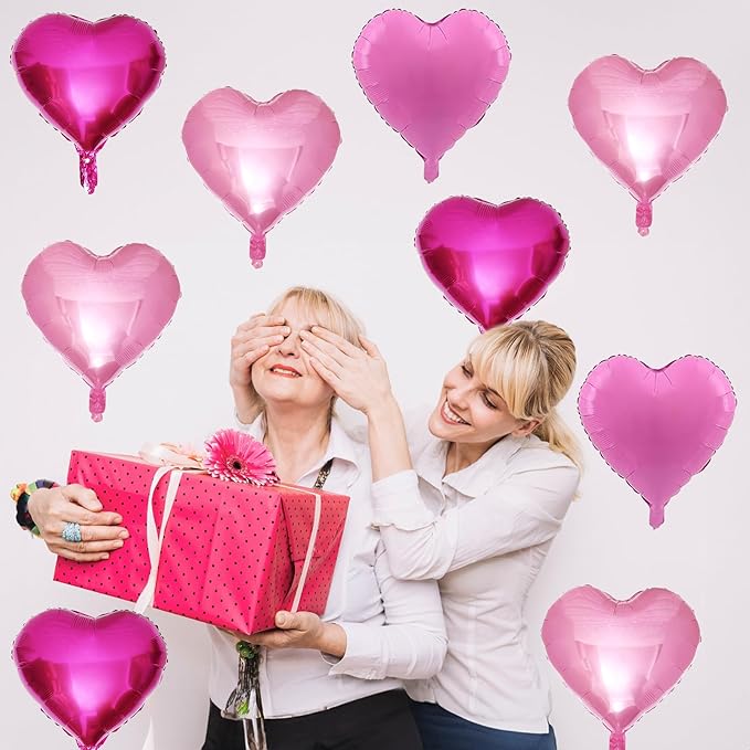 Pink Mixed Heart Balloons, 18 Inch 12 Pcs Hot Pink Foil Heart Shape Balloons, Light Candy Color Love Balloon, Sweet Theme Party Decorations for Girls Women Birthday Wedding Valentines Baby Shower