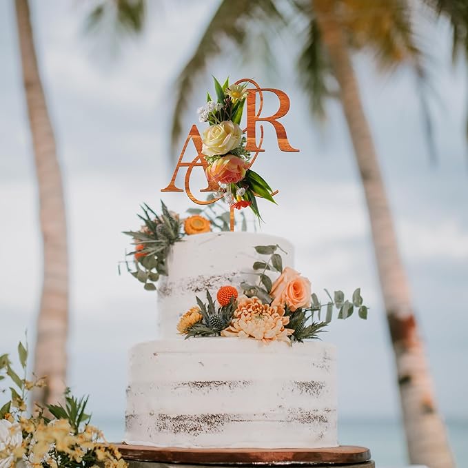 Wedding Cake Topper with 3D Artificial Flowers and Green Leaves Custom Initials Personalized Wooden Anniversary Cake Decoration (Maple)