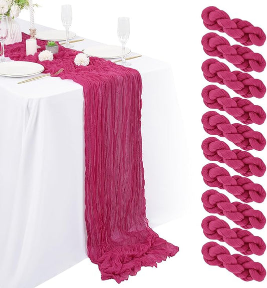 10 Packs Cheesecloth Table Runner Hot Pink, 10Ft x 35" Rose Red Rustic Gauze Boho Wedding Table Runner Decoration, Wedding Table Decor Table Cloth for Wedding Party Bridal Shower Table