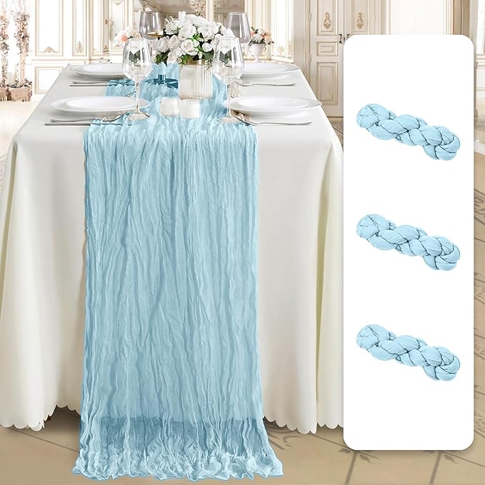 Cheesecloth Table Runner 3 Pack – 35x120 Inch (10ft) Boho Rustic Gauze Cloth Runners – Crinkle Polyester Table Decor for Wedding, Baby Shower, Bridal Shower, Birthday Party and More (Sky Blue)