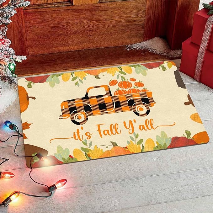 Thanksgiving Doormat Fall Welcome Buffalo Plaid Truck Door Mat Front Door Outdoor Doormat Outside Entrance Porch Non Slip Rubber Rug Autumn Halloween Thanksgiving Farmhouse Decor, 24"x16"inch