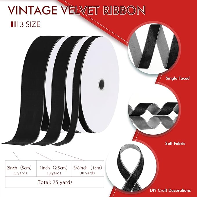 Yilloog 3/8'' 1'' 2'' 90 Yards Christmas Velvet Ribbon Vintage Satin Fabric Velvet Ribbon Roll for Christmas Tree Ornaments Decoration Gift Wrapping Bow DIY Crafts (Black)