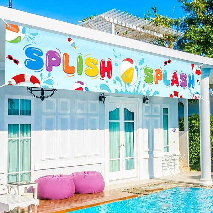 Pool Party Splish Splash Banner, Summer Pool Splish Splash Theme Outdoor Hanging Yard Sign Decor, Splish Splash Party Baby Shower Holiday Supplies (Splish Splash)