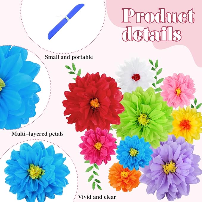 54 Pcs Mexican Flowers Party Decoration Fiesta Tissue Paper Fiesta Colorful Crepe Paper Flowers for Floral Backdrop Wedding Birthday Craft Wall 8" 10" 12"