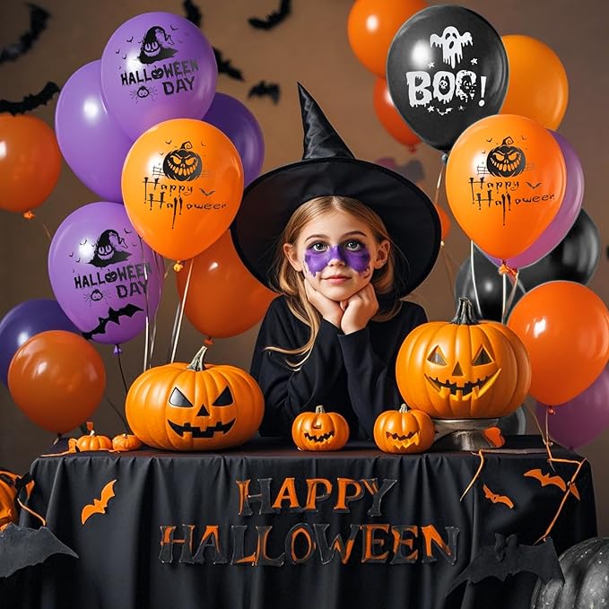Halloween Party Balloons Kit 60-Pack 12inch Orange Black Purple Halloween Balloons with Ribbons for Party Balloons Decorations Theme Party Background Classroom Indoor and Outdoor Party