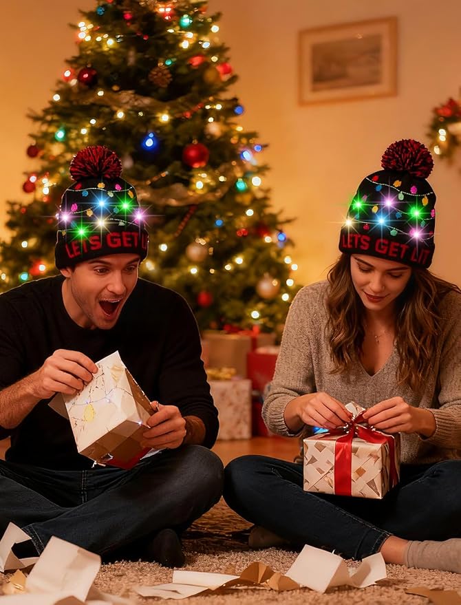 RAISEVERN Unisex Ugly LED Christmas Hat Novelty Colorful Light-up Stylish Knitted Sweater Xmas Party Beanie Cap(6 Lights)