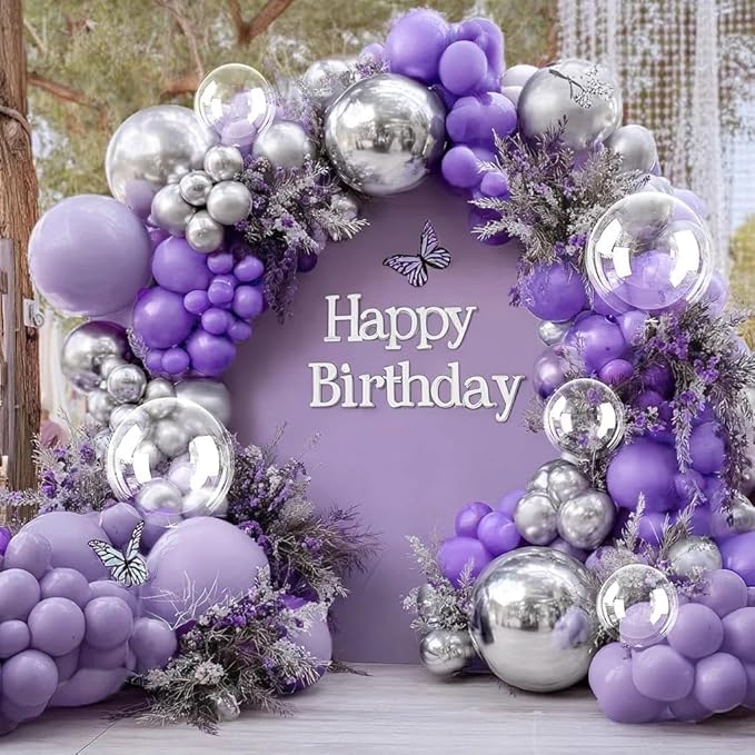 Purple Silver Balloon Arch Double Stuffed Dark Purple Balloons Lavender Lilac Balloon Garland Kit with Clear Bobo Balloons for Birthday Wedding Baby Shower Anniversary Halloween Party Decorations