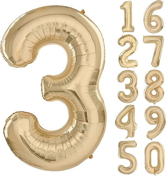 40 inch White Gold Number Balloon Giant Foil Helium Balloons Champagne Gold Number 3 Balloon for 3rd Birthday Party Decorations