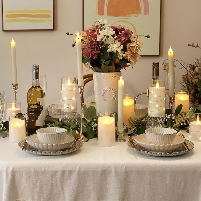 NURADA Flickering Flameless Candles: Built-in Star String Lights, Acrylic Battery Operated LED Pillar Candles with Remote and Timer for Romantic Mood Home Decoration - 2 Pack Pure White