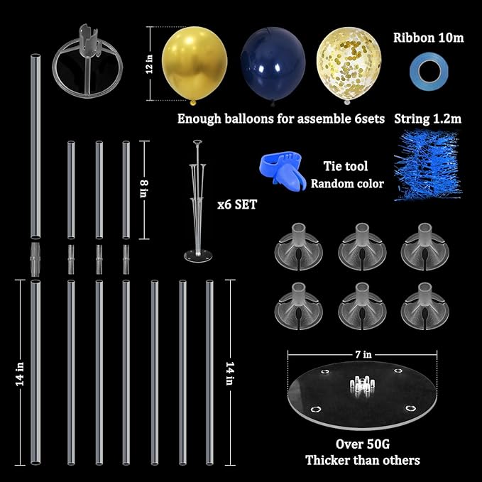 6 Set Balloon Stand with Blue and Gold Balloons Centerpiece Table Decorations for Birthday Wedding Anniversary Father's Day Retirement New Years Graduation Decorations Class of 2025