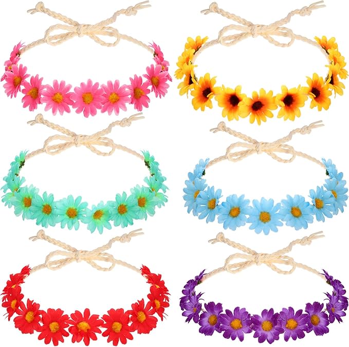 Wrestler 12 Pcs Hippie Costume Set for Women Includes 6 Multicolor Lady Daisy Flower Crown 6 Round Sunglasses for Disco