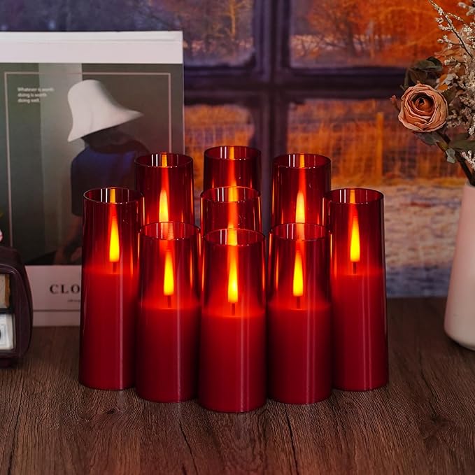 Flickering Flameless Candles,Battery Operated, Flameless Candles with Remote, 2/4/6/8 Hour Timer, Realistic Jumping Flame Effect, Perfect for Home Decor, Holiday Decoration Pcs 9 (Red)