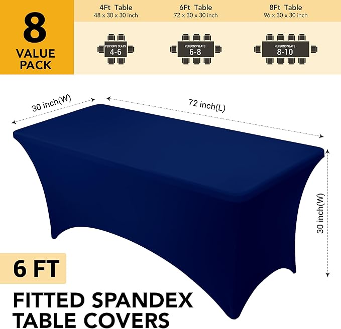 8-Pack Premium Navy Blue Spandex Tablecloths for 6ft Rectangle Tables, Stain & Wrinkle-Resistant, Washable Stretch Polyester Fitted Table Cover for Weddings, Banquets, Trade Shows Events