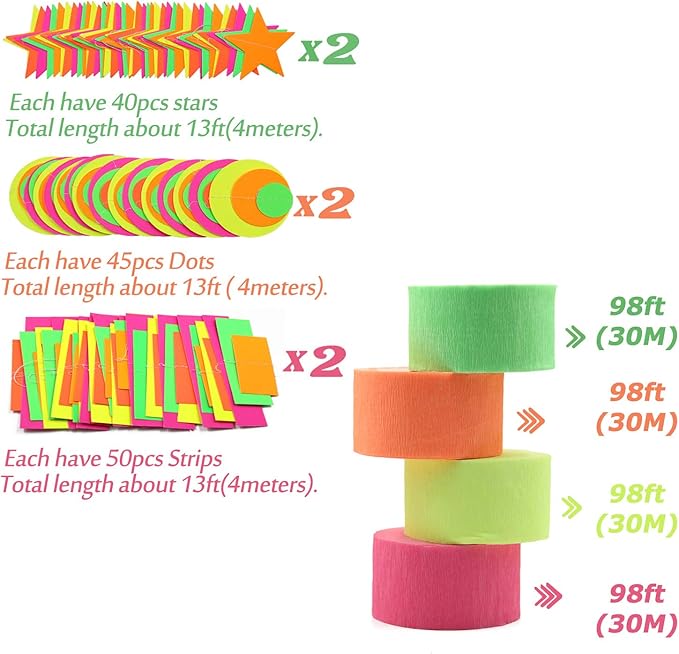 496 ft Neon Streamers Paper Glow Party Garland Hanging Decorations UV Black Light Reactive Glow in The Dark Birthday Party Supplies Neon Stars Round Dot Banner Garland Wedding Fluorescent Kit