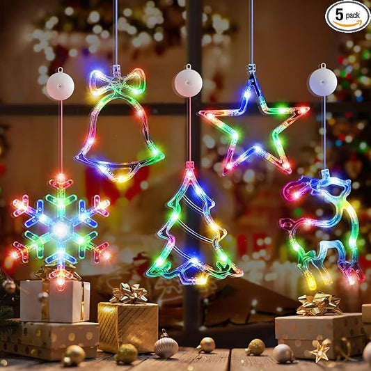 5Pack Christmas Window Lights Decorations with Timer,Battery Powered Christmas Hanging Multicolor Lighted Snowflake Tree Star Deer Bells Shaped LED Sucker for Xmas Fireplace Indoor Decor