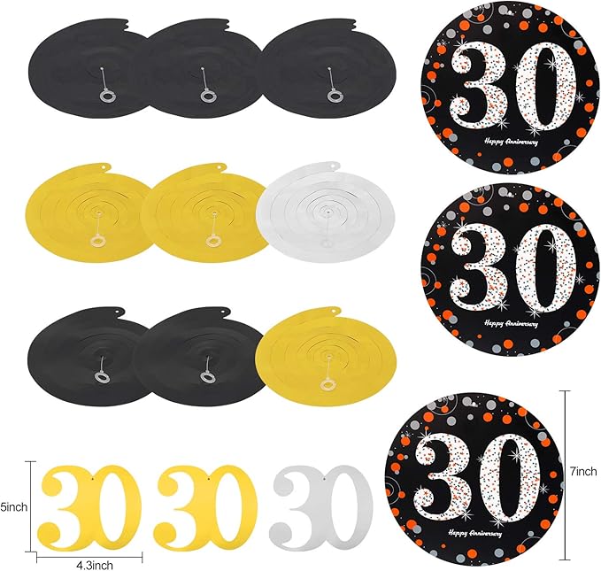 Yoaokiy 30th Anniversary Party Decorations Kit - Gold Happy Banner, 9 Hanging Swirls, 6 Poms for Wedding Celebration Supplies