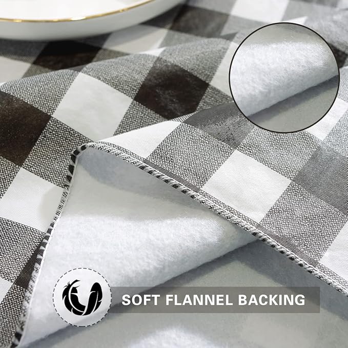 Buffalo Plaid Vinyl Tablecloth with Flannel Backing Rectangle 60 x 102 Inch, Dust & Stain Resistant Checkered Table Cloth, Heavy Table Cover for Dining, Party, Indoor, Outdoor, Black and White