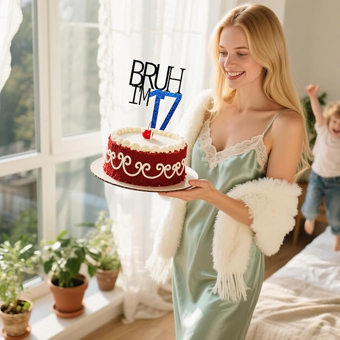 Bruh I'm 17 Cake Topper - Bro I'm 17, Happy Sweet 17 Ornament for Boys' 16th Birthday Party Supplies (blue 17)