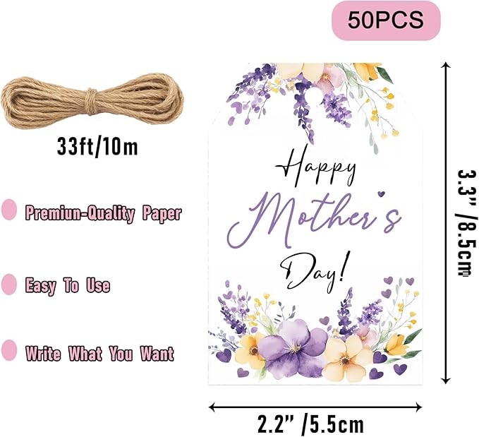 50PCS Mother’s Day Paper Tags with String, 2.2"x3.3" Floral Gift Tags for Mom, Purple Flower Design for Mother’s Day Gifts, Wrapping, and Party Favors