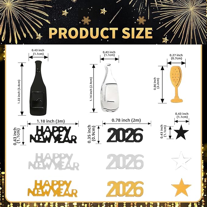 2026 New Years Confetti, 2.12 oz Shinny Metallic 2026 Happy New Year Stars Bottles Mixed Confetti for Tables 2026 New Year Decorations New Years Eve Party Supplies | Silver Black Gold