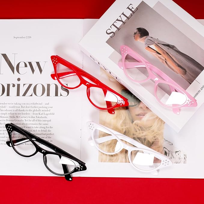 Fumwase 4PCS Cat Eye Glasses with Rhinestones 50s 60s Party Costume Glasses Old Lady Glasses for Halloween Cossplay Hip Hop Dress up (4, Black+White+Red+Pink)