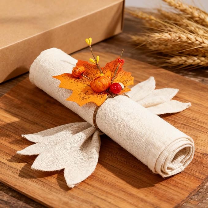 8 Set Napkin Rings Fall Thanksgiving Halloween Pumpkin Maple Leaves Red Berry Napkin Holder for Table Decor, Wedding, Fall Banquet, Holiday, Dinner Party (Orange)