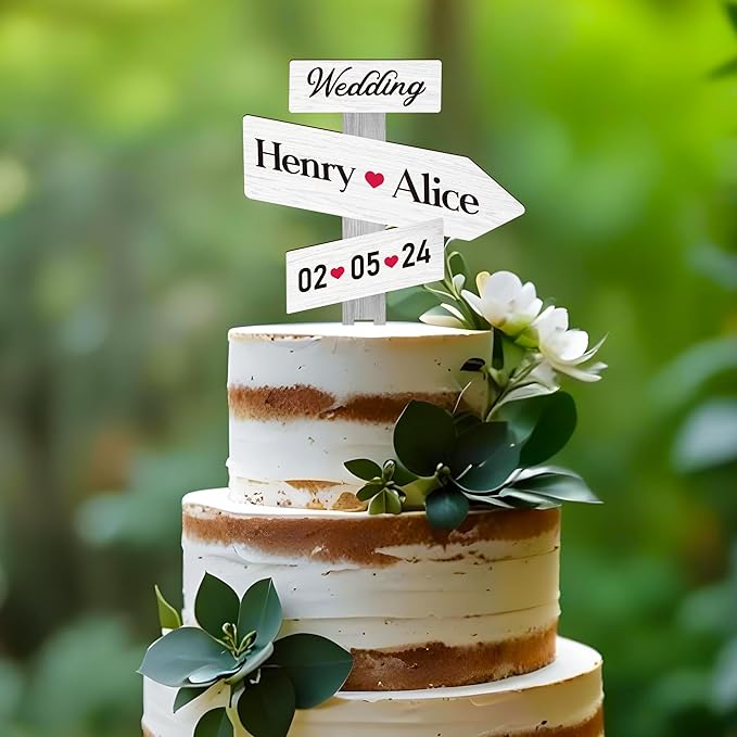 Personalized Rustic Wedding Cake Topper in Wood Custom Bride & Groom Names Initials Wedding Date Cake Decoration (Birch White)