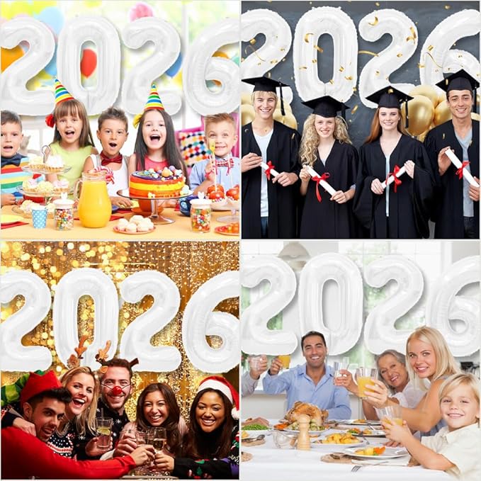 2026 Balloons Number Balloons 2026 Balloon Numbers, 40 Inch Foil Number Balloon for New Year Eve Festival Christmas Birthday Wedding Anniversary Party Supplies, New Years Decorations White