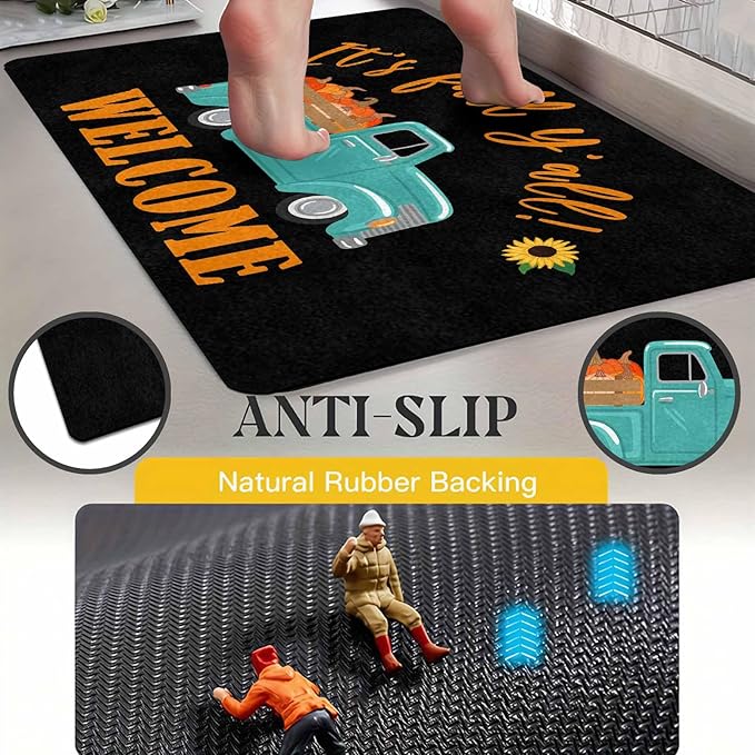 InterestPrint Fall Welcome Door Mat, Fall Truck Harvest Pumpkin Doormat for Front Door Outdoor Outside Entrance Porch Non Slip Rubber Rug Autumn Halloween Thanksgiving Farmhouse Decor, 30"x18"inch